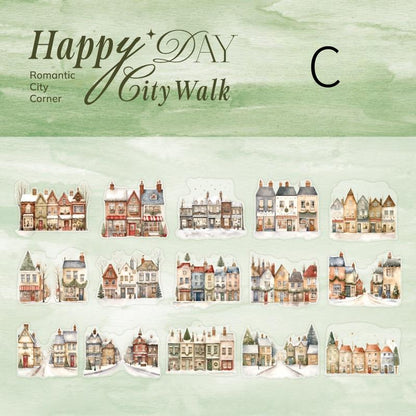 Happy City Walk PET Sticker | Town Street Building House Stickers | Creative DIY Stickers Junk Journal Collage Scrapbooking Supplies