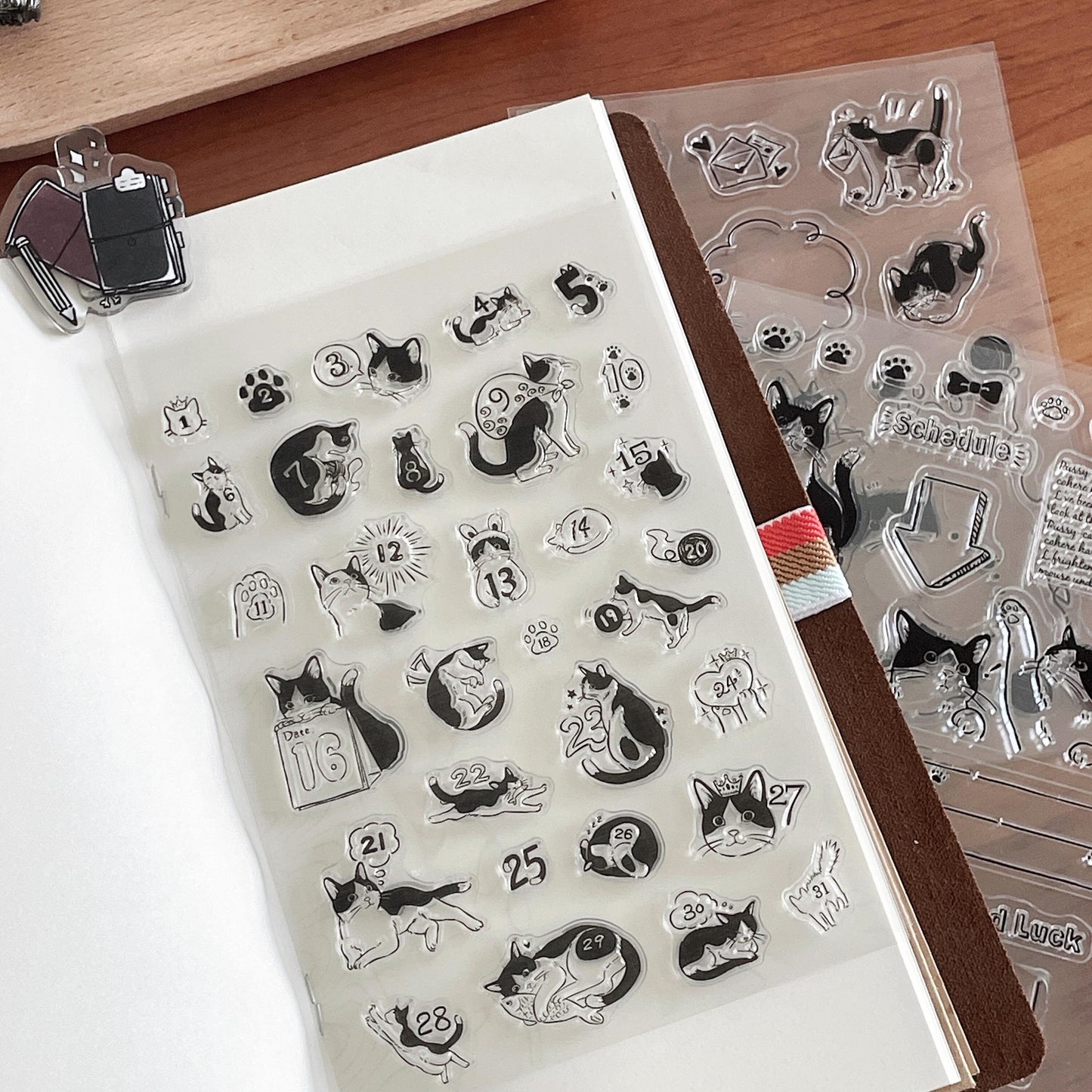 Cute Kitten Calendar Stamp | Transparent Clear Rubber Stamp Set | Scrapbooking Planner Bullet Journal Craft Card Making Journaling Supply