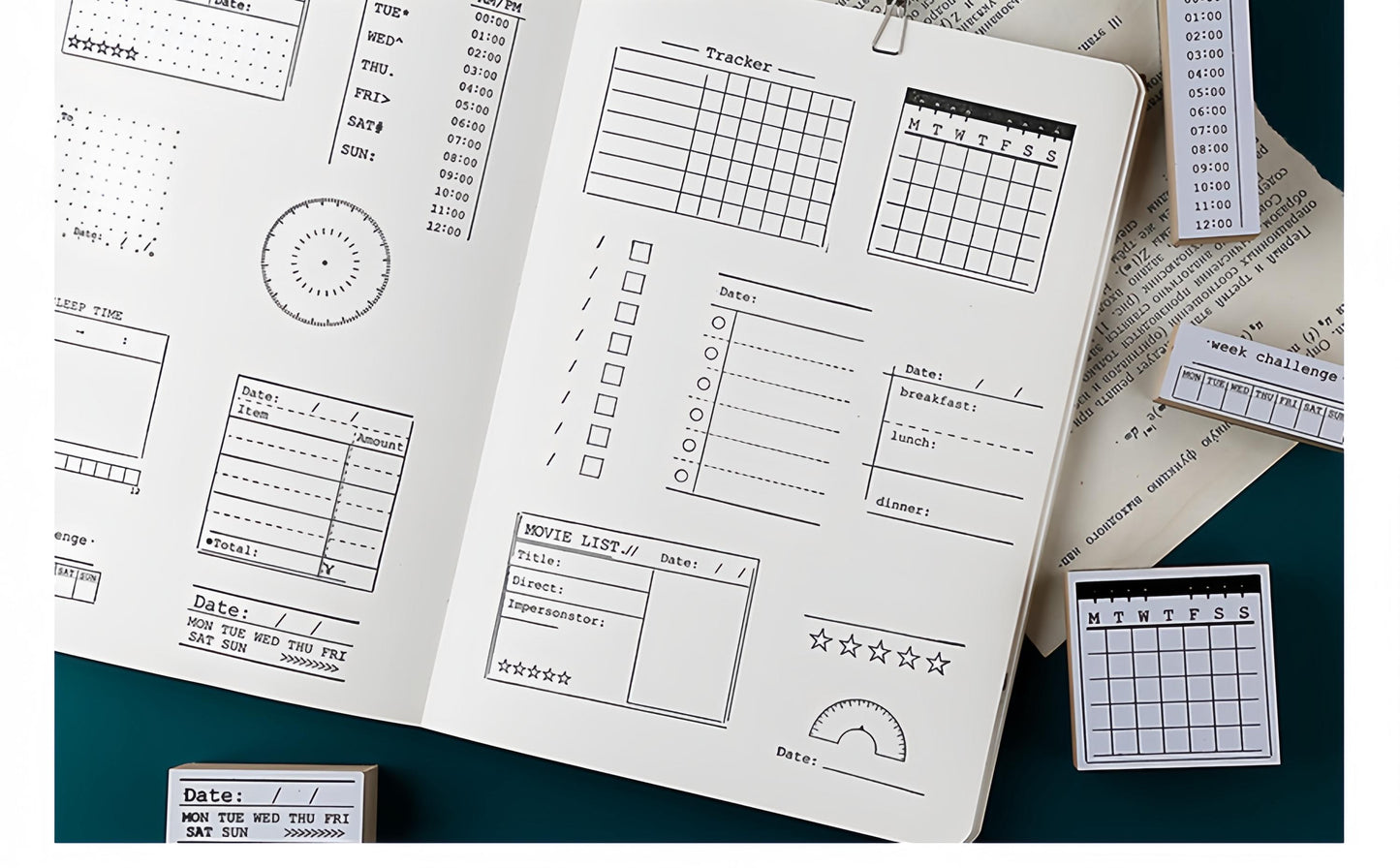 Daily Plan Rubber Stamp | Wooden Stamp Set | Habit Tracker Calendar Checklist To Do List Reading Movie Schedule Planner Bullet Journal Stamp