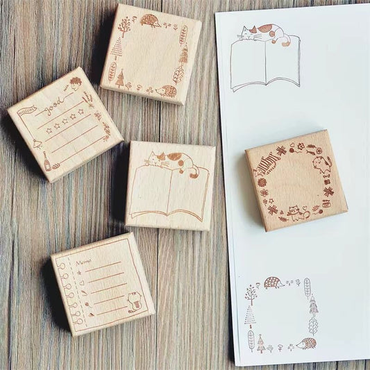 Animal Cat Wooden Rubber Stamp | Cute Memo List Book Wreath Stamp | Planner Accessories | Stamp for Journal and Scrapbook