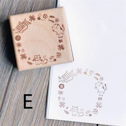 Animal Cat Wooden Rubber Stamp | Cute Memo List Book Wreath Stamp | Planner Accessories | Stamp for Journal and Scrapbook