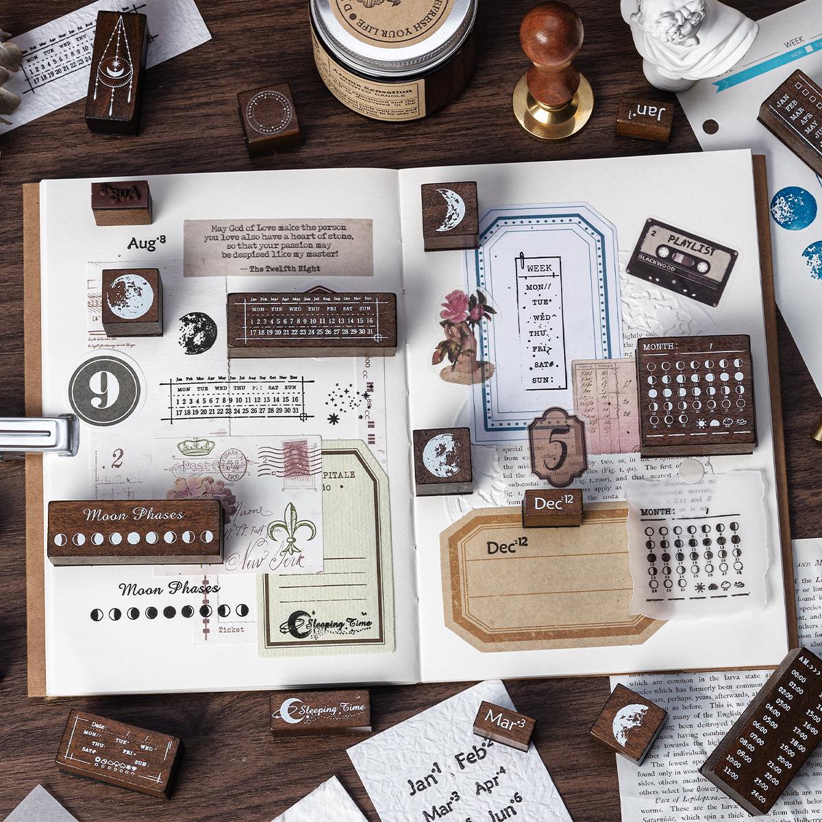 30pcs Moon Phase Rubber Stamp | Calendar Week Month Date Moon Wooden Stamp Set | Scrapbooking Journal Collage Planner Stamp Supplies