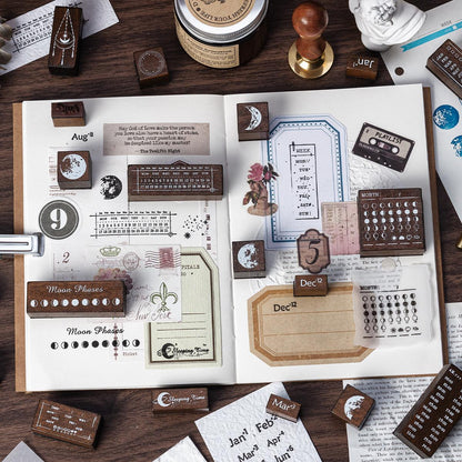 30pcs Moon Phase Rubber Stamp | Calendar Week Month Date Moon Wooden Stamp Set | Scrapbooking Journal Collage Planner Stamp Supplies