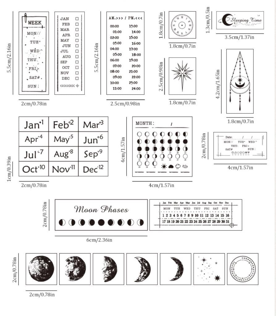 30pcs Moon Phase Rubber Stamp | Calendar Week Month Date Moon Wooden Stamp Set | Scrapbooking Journal Collage Planner Stamp Supplies