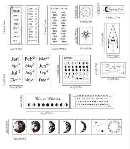 30pcs Moon Phase Rubber Stamp | Calendar Week Month Date Moon Wooden Stamp Set | Scrapbooking Journal Collage Planner Stamp Supplies