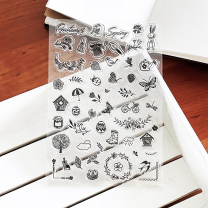 Spring Garden Clear Stamp | Cute Mini Icon Leaf Bird Flower Transparent Rubber Stamps | Bullet Journal Planner Accessories