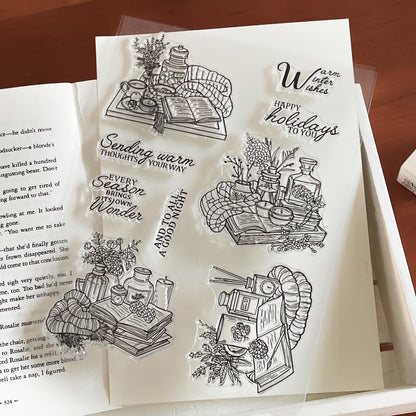Cozy Winter Autumn HolidayJournal Clear Stamp | Reading Book Self Care Craft Transparent Rubber Stamps | Card Making Scrapbooking Supplies
