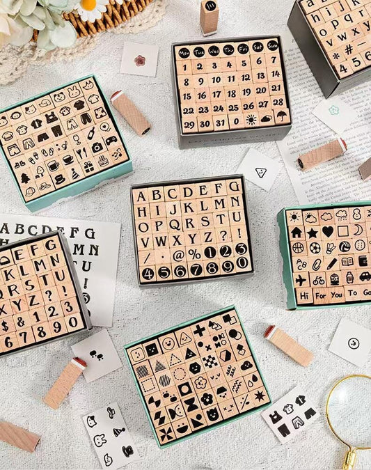 Cute Wooden Alphanumeric Stamp Set | Letter Number Icon Stamps for Planner Journal | Scrapbooking Supplies