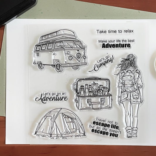 Camping Traveling Girl Clear Stamp | Travel Lover Transparent Rubber Stamps | Bullet Journal Planner Accessories Craft Scrapbooking Supplies