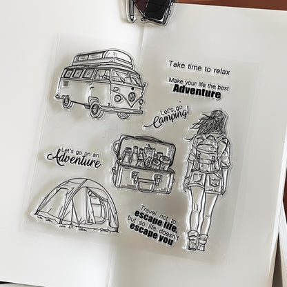 Camping Traveling Girl Clear Stamp | Travel Lover Transparent Rubber Stamps | Bullet Journal Planner Accessories Craft Scrapbooking Supplies