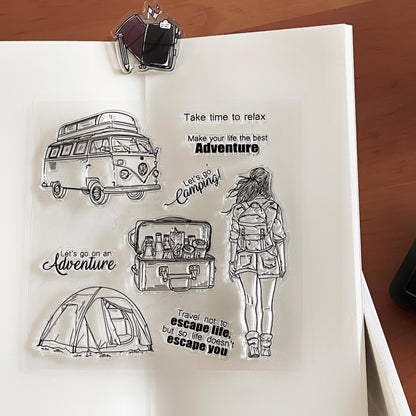 Camping Traveling Girl Clear Stamp | Travel Lover Transparent Rubber Stamps | Bullet Journal Planner Accessories Craft Scrapbooking Supplies