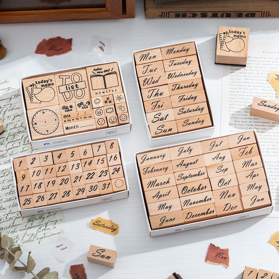 Month Week Number Weather Daily Plan Mood Rubber Stamp | Retro Wooden Stamp Set | Scrapbooking Journal Collage Planner Stamp Supplies