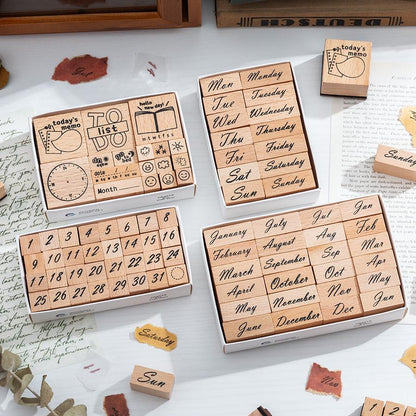 Month Week Number Weather Daily Plan Mood Rubber Stamp | Retro Wooden Stamp Set | Scrapbooking Journal Collage Planner Stamp Supplies