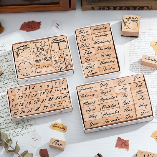 Month Week Number Weather Daily Plan Mood Rubber Stamp | Retro Wooden Stamp Set | Scrapbooking Journal Collage Planner Stamp Supplies