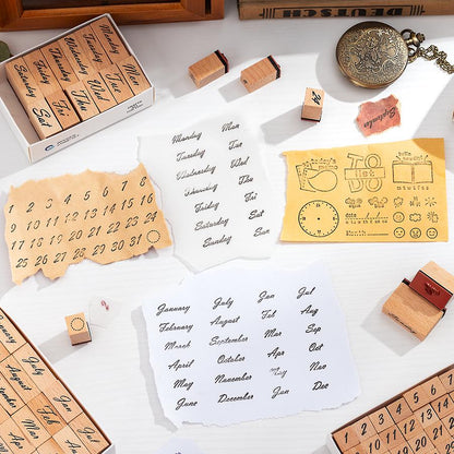 Month Week Number Weather Daily Plan Mood Rubber Stamp | Retro Wooden Stamp Set | Scrapbooking Journal Collage Planner Stamp Supplies