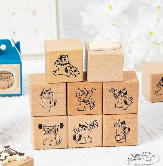 Cute Cat Daily Plan Wood Rubber Stamp | Reading Exercise Travel | Junk Journal Scrapbooking Planner Accessories Bullet Journal Supplies