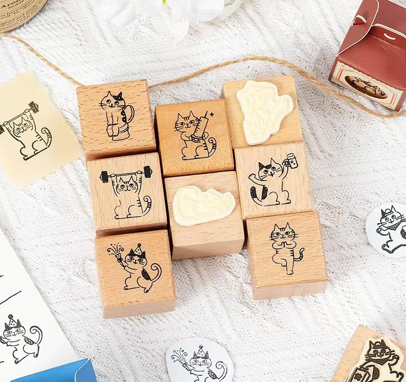 Cute Cat Daily Plan Wood Rubber Stamp | Reading Exercise Travel | Junk Journal Scrapbooking Planner Accessories Bullet Journal Supplies