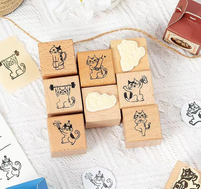 Cute Cat Daily Plan Wood Rubber Stamp | Reading Exercise Travel | Junk Journal Scrapbooking Planner Accessories Bullet Journal Supplies