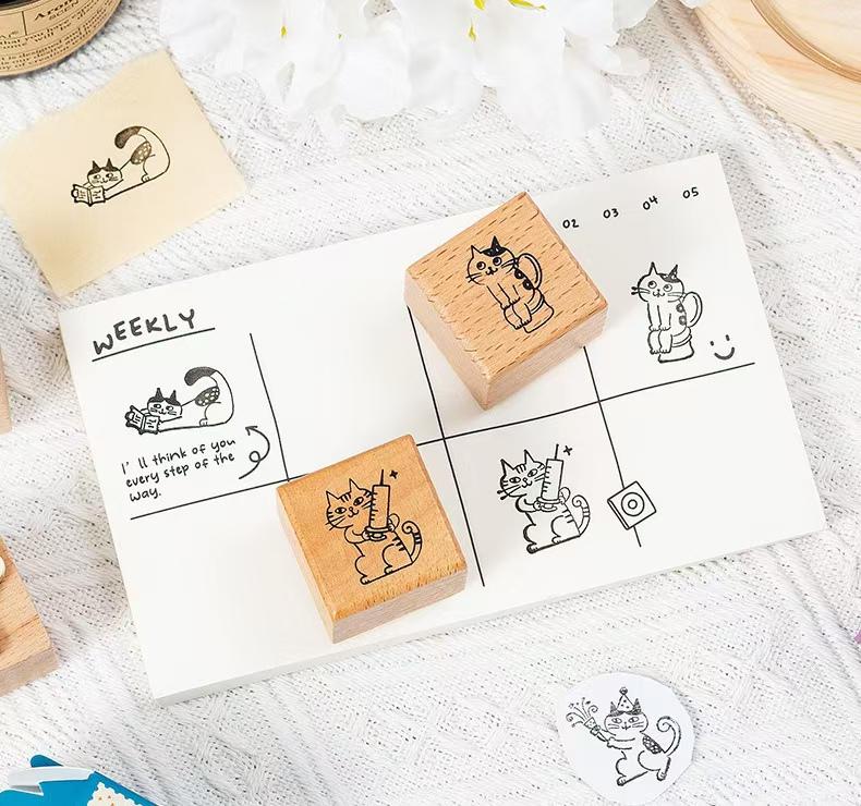 Cute Cat Daily Plan Wood Rubber Stamp | Reading Exercise Travel | Junk Journal Scrapbooking Planner Accessories Bullet Journal Supplies