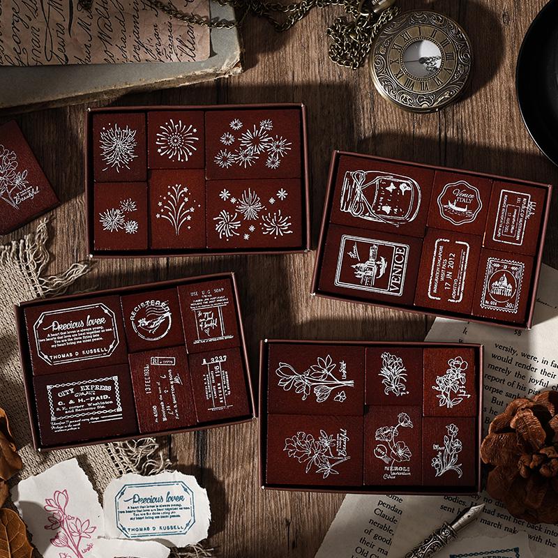 Retro Wooden Rubber Stamp Set | Vintage Flower Fireworks Label | Stamps for Planner Journal Scrapbooking Collage Supplies