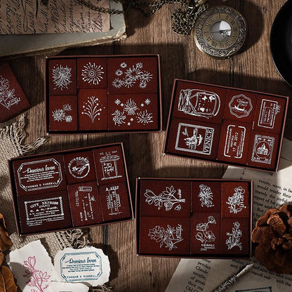 Retro Wooden Rubber Stamp Set | Vintage Flower Fireworks Label | Stamps for Planner Journal Scrapbooking Collage Supplies