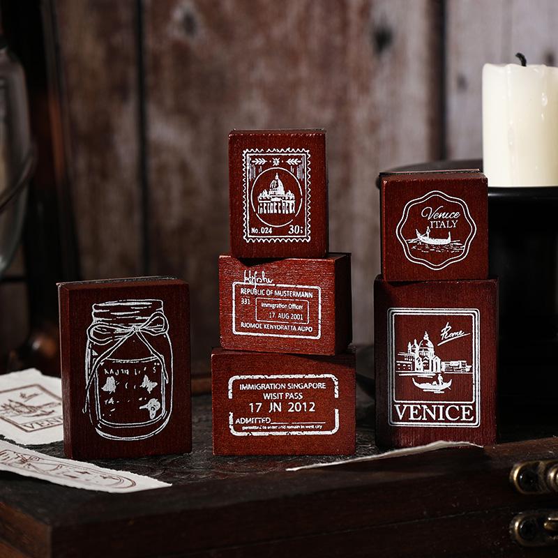 Retro Wooden Rubber Stamp Set | Vintage Flower Fireworks Label | Stamps for Planner Journal Scrapbooking Collage Supplies