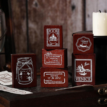 Retro Wooden Rubber Stamp Set | Vintage Flower Fireworks Label | Stamps for Planner Journal Scrapbooking Collage Supplies