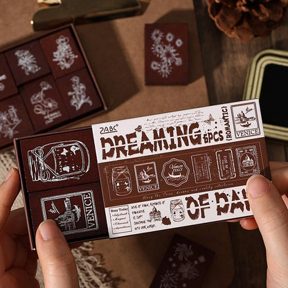 Retro Wooden Rubber Stamp Set | Vintage Flower Fireworks Label | Stamps for Planner Journal Scrapbooking Collage Supplies