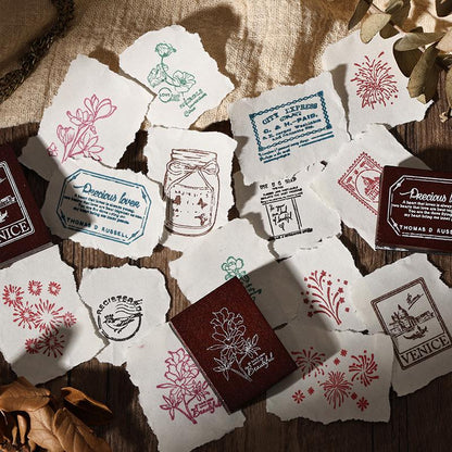 Retro Wooden Rubber Stamp Set | Vintage Flower Fireworks Label | Stamps for Planner Journal Scrapbooking Collage Supplies