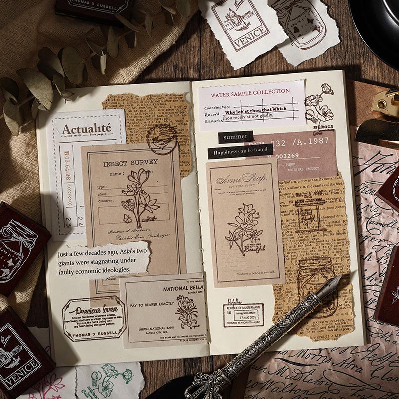 Retro Wooden Rubber Stamp Set | Vintage Flower Fireworks Label | Stamps for Planner Journal Scrapbooking Collage Supplies