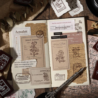 Retro Wooden Rubber Stamp Set | Vintage Flower Fireworks Label | Stamps for Planner Journal Scrapbooking Collage Supplies