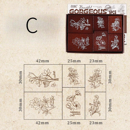 Retro Wooden Rubber Stamp Set | Vintage Flower Fireworks Label | Stamps for Planner Journal Scrapbooking Collage Supplies