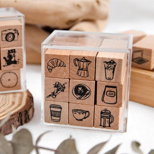 9pcs Cute Coffee Daily Life Record Rubber Stamp | Handdrawn Stick Figure Wooden Stamp Set | Daily Plan Schedule Planner Bullet Journal Stamp