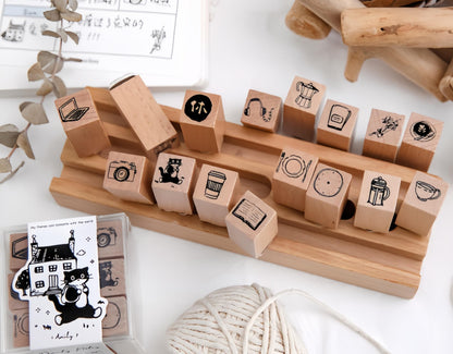 9pcs Cute Coffee Daily Life Record Rubber Stamp | Handdrawn Stick Figure Wooden Stamp Set | Daily Plan Schedule Planner Bullet Journal Stamp