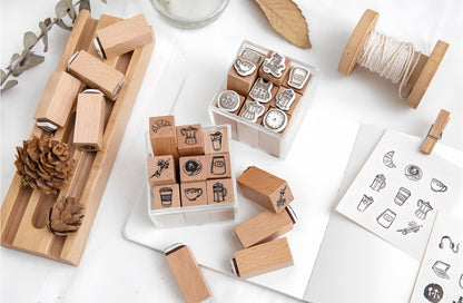 9pcs Cute Coffee Daily Life Record Rubber Stamp | Handdrawn Stick Figure Wooden Stamp Set | Daily Plan Schedule Planner Bullet Journal Stamp