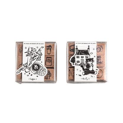 9pcs Cute Coffee Daily Life Record Rubber Stamp | Handdrawn Stick Figure Wooden Stamp Set | Daily Plan Schedule Planner Bullet Journal Stamp