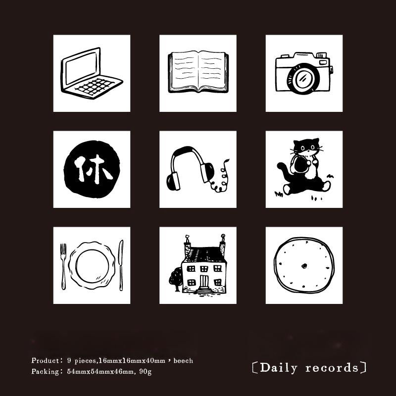 9pcs Cute Coffee Daily Life Record Rubber Stamp | Handdrawn Stick Figure Wooden Stamp Set | Daily Plan Schedule Planner Bullet Journal Stamp