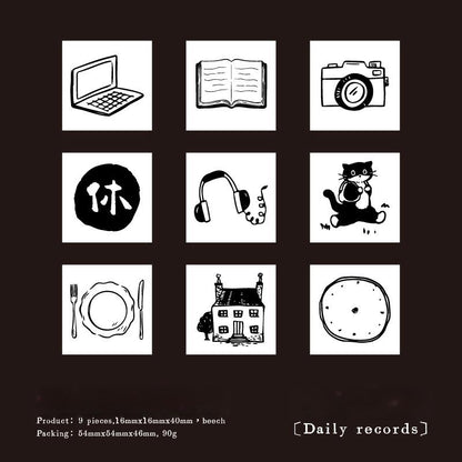 9pcs Cute Coffee Daily Life Record Rubber Stamp | Handdrawn Stick Figure Wooden Stamp Set | Daily Plan Schedule Planner Bullet Journal Stamp