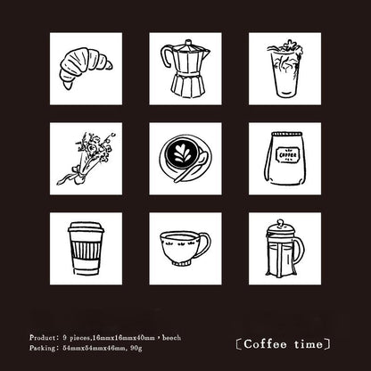 9pcs Cute Coffee Daily Life Record Rubber Stamp | Handdrawn Stick Figure Wooden Stamp Set | Daily Plan Schedule Planner Bullet Journal Stamp