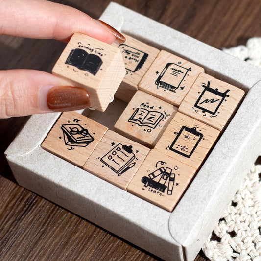 9pcs Cute Coffee Reading Study Dessert Rubber Stamp | Wooden Stamp Set | Daily Plan Schedule Planner Bullet Journal Stamp
