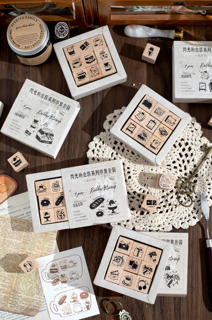 9pcs Cute Coffee Reading Study Dessert Rubber Stamp | Wooden Stamp Set | Daily Plan Schedule Planner Bullet Journal Stamp