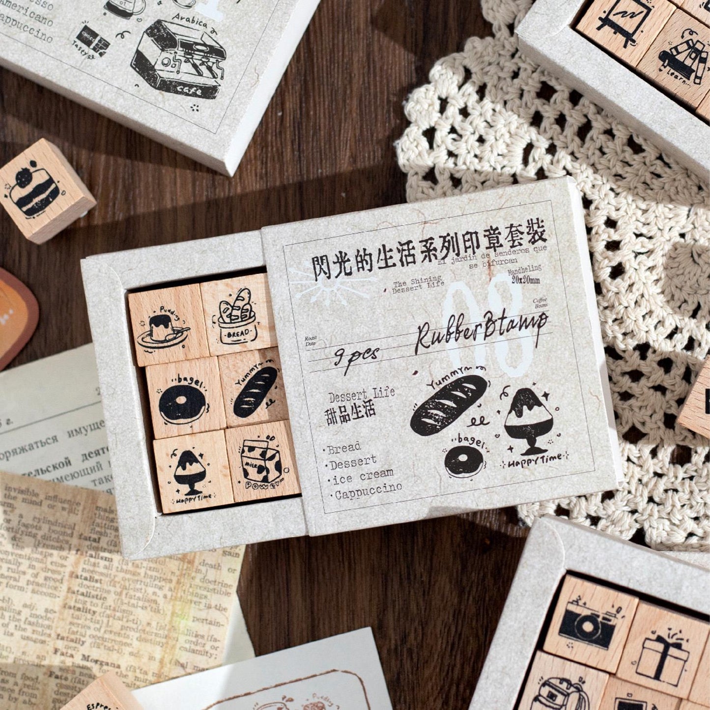 9pcs Cute Coffee Reading Study Dessert Rubber Stamp | Wooden Stamp Set | Daily Plan Schedule Planner Bullet Journal Stamp