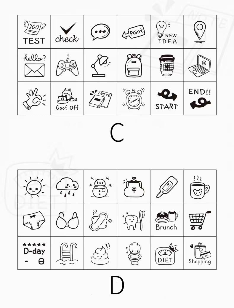 18pcs Cute Mini Icon Daily Life Rubber Stamp | Wooden Stamp Set | Weather Study Health Appointment Daily Plan Planner  Bullet Journal Stamp