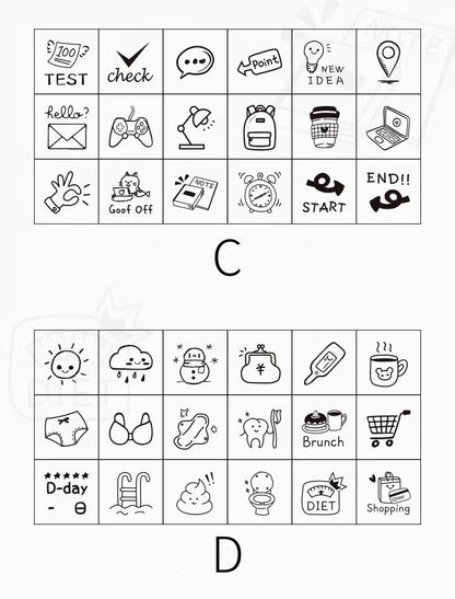 18pcs Cute Mini Icon Daily Life Rubber Stamp | Wooden Stamp Set | Weather Study Health Appointment Daily Plan Planner  Bullet Journal Stamp