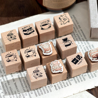 9pcs Cute Coffee Reading Study Dessert Rubber Stamp | Wooden Stamp Set | Daily Plan Schedule Planner Bullet Journal Stamp