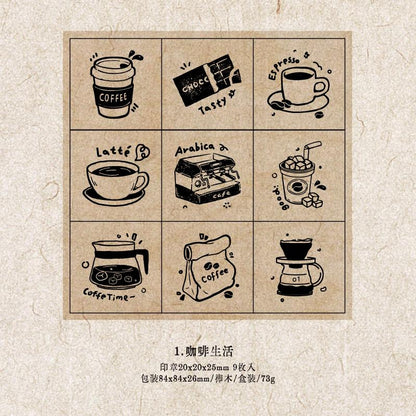 9pcs Cute Coffee Reading Study Dessert Rubber Stamp | Wooden Stamp Set | Daily Plan Schedule Planner Bullet Journal Stamp