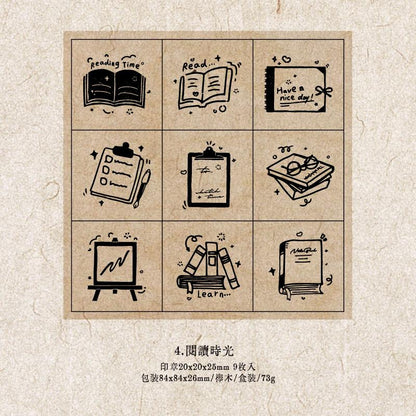 9pcs Cute Coffee Reading Study Dessert Rubber Stamp | Wooden Stamp Set | Daily Plan Schedule Planner Bullet Journal Stamp