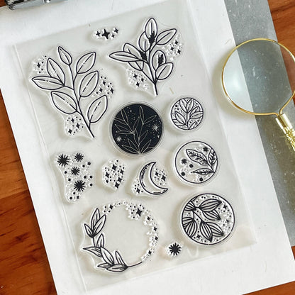 Moon and Leaf Clear Stamp | Botanicals Transparent Rubber Stamps | Bullet Journal Planner Accessories Card Making