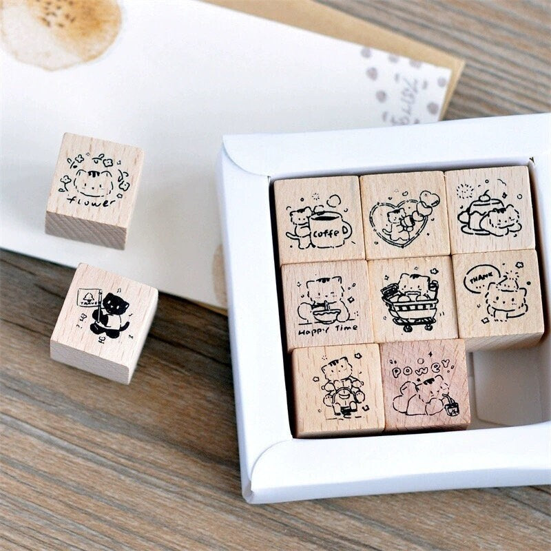 Cute Meow's Life Diary Rubber Stamp | Wooden Stamp Set | Scrapbooking Junk Journal Planner Stamp