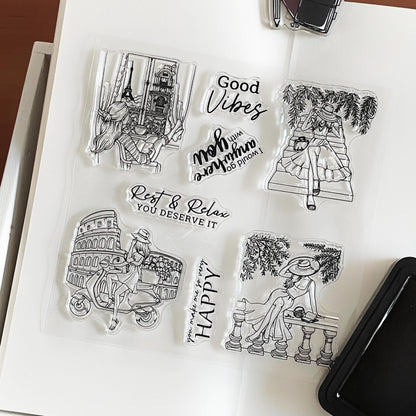 Traveling Girl Clear Stamp | Travel Lover Transparent Rubber Stamps | Bullet Journal Planner Accessories Craft Scrapbooking Supplies